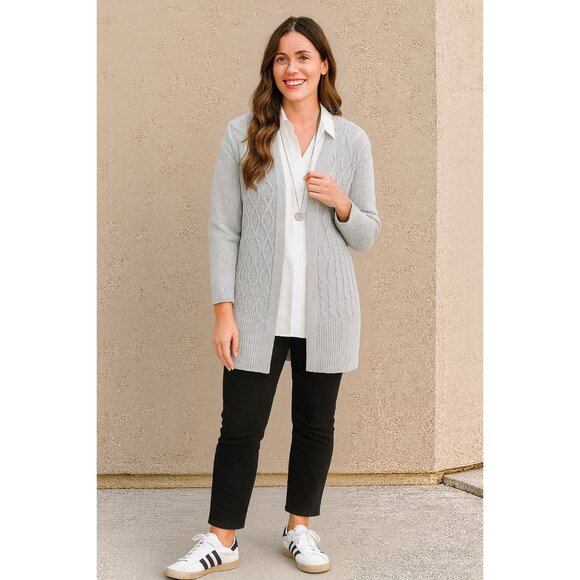 Chico's Cable Stitch Open Front Cardigan Sweater Gray Wool Cashmere Size 1 US M - Picture 15 of 16